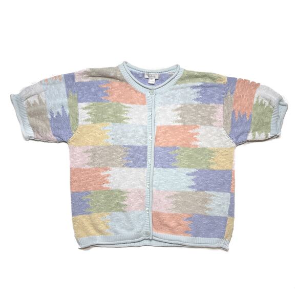 Christopher & Banks Vintage Pastel Patchwork Sweater Short Sleeve Button Up Knit - Picture 1 of 9